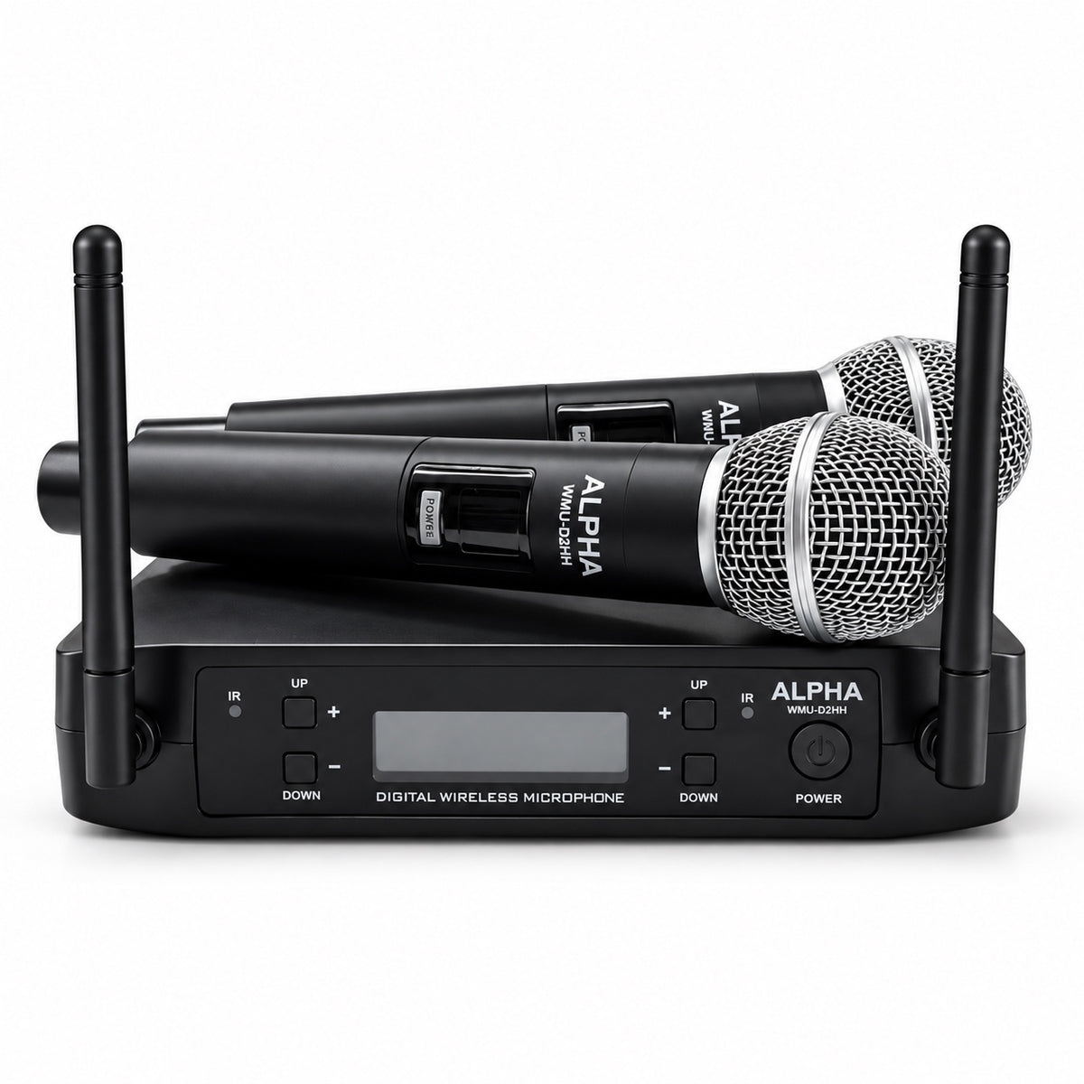 Micrófono inalámbrico UHF doble ALPHA con dos micrófonos de mano y receptor, vista frontal