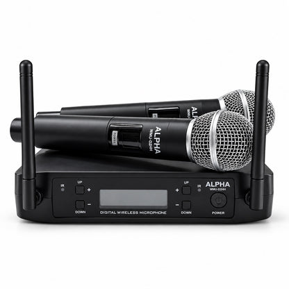 Micrófono inalámbrico UHF doble ALPHA con dos micrófonos de mano y receptor, vista frontal