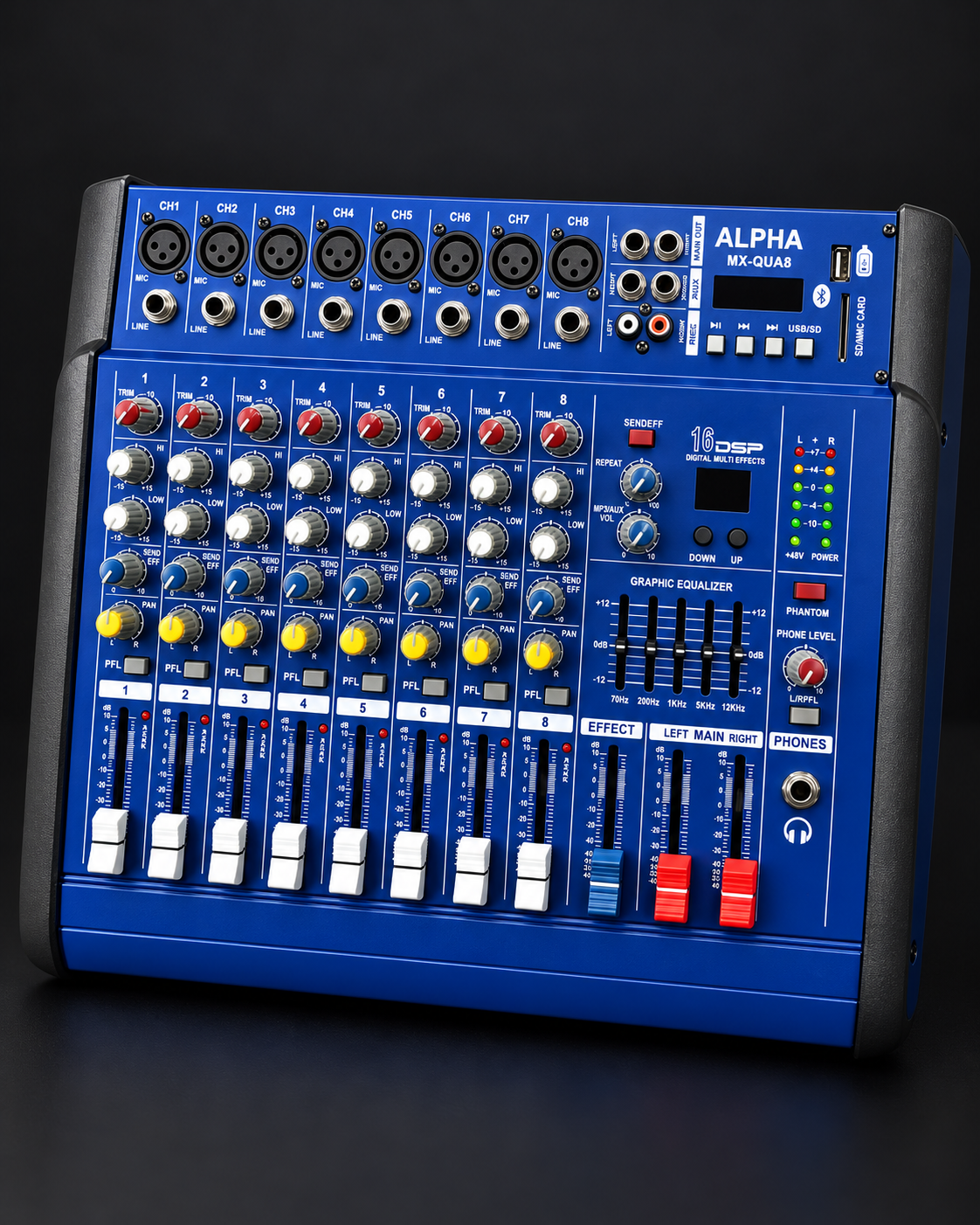 Consola amplificada Alpha MX-QUA8 de 8 canales, vista angular