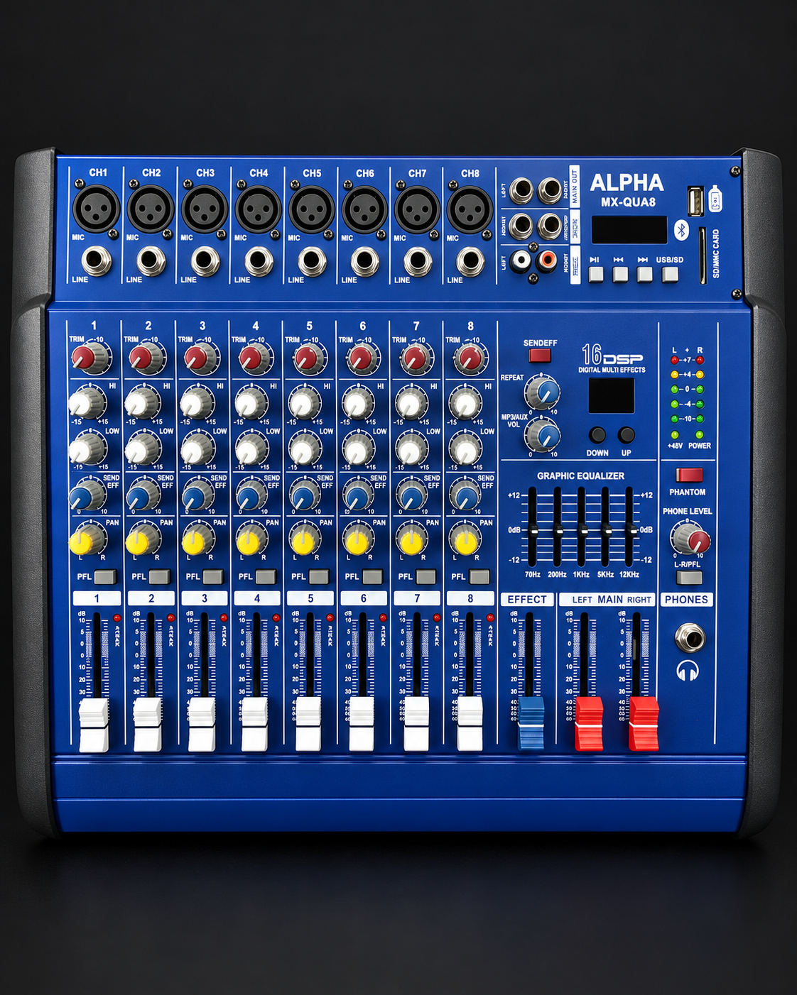 Consola amplificada Alpha MX-QUA8 de 8 canales, vista frontal