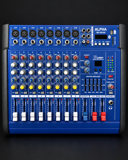 Consola amplificada Alpha MX-QUA8 de 8 canales, vista frontal